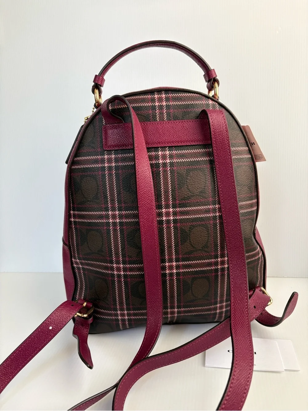 Coach Jordyn Backpack  Signature Plaid Brown/Fuchsia MFSRP $428 NWT